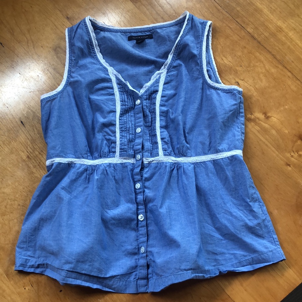 TOMMY HILFIGER Sleeveless Blue Cotton Button Down White Lace Trim Top - Medium